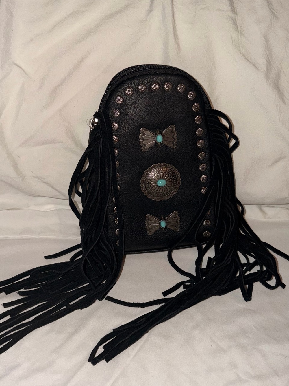 Black Montana West Fringe Crossbody Bag with Turquoise Accents